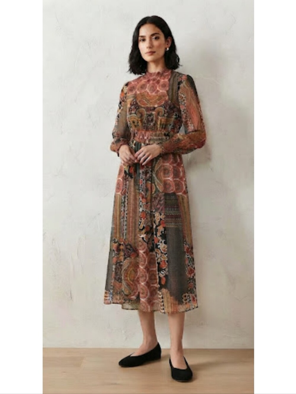 ZARA Mixed Print Patchwork Paisley Long Sleeve Midi Dress Boho Size M Autumn